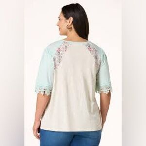 Teal Floral Lace Sleeve Women's Top -Xl